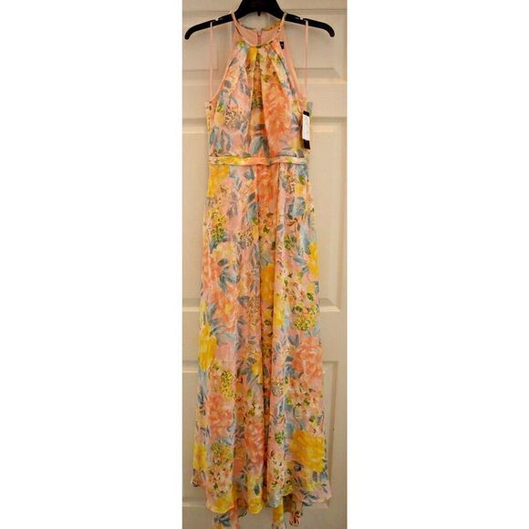 Betsy & Adam Sz 4 Pink Burnout Chiffon Print Halter Dress w/Wrap Skirt $259 - Picture 1 of 16